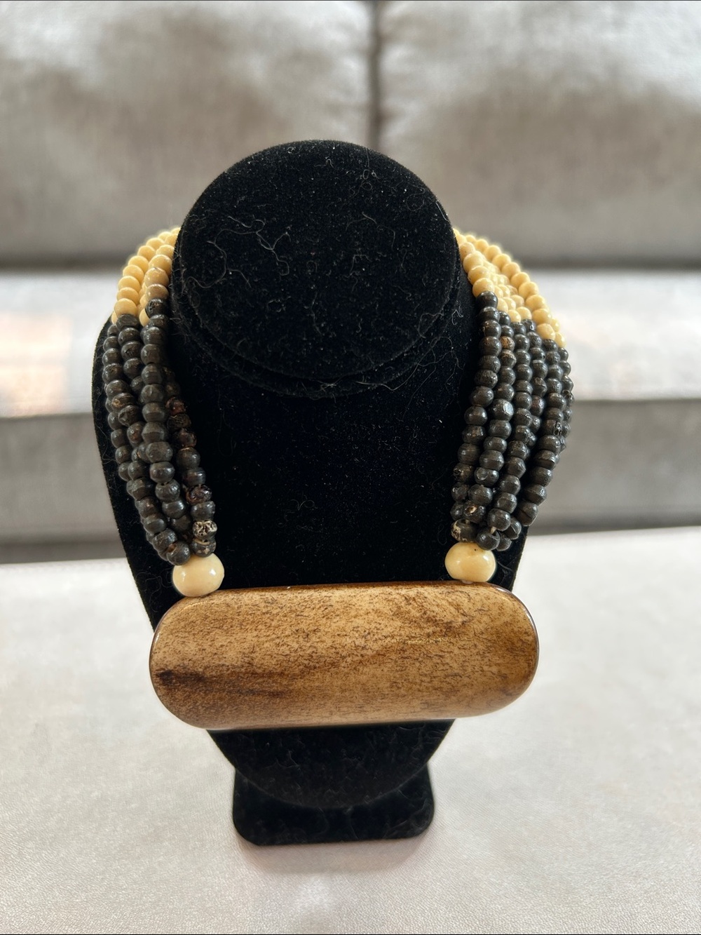 Brown and Black Multi-Strand Beaded with Wood Statement Necklace 16”